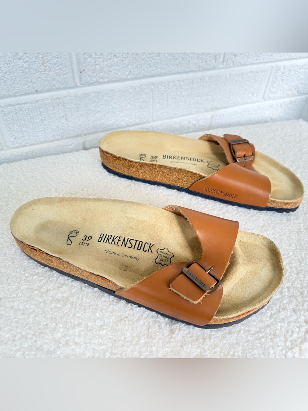 Birkenstock Single Buckle Slide Sandals in Cognac Brown